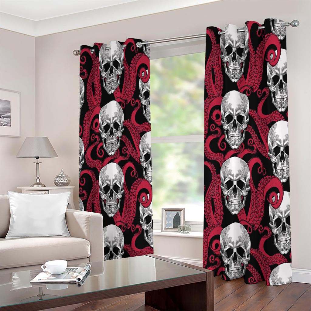 Red Octopus Skull Pattern Print Extra Wide Grommet Curtains