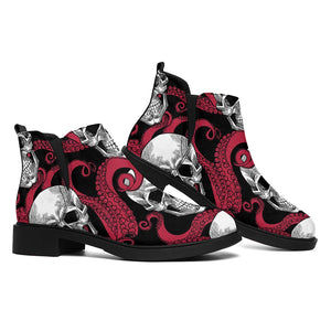 Red Octopus Skull Pattern Print Flat Ankle Boots