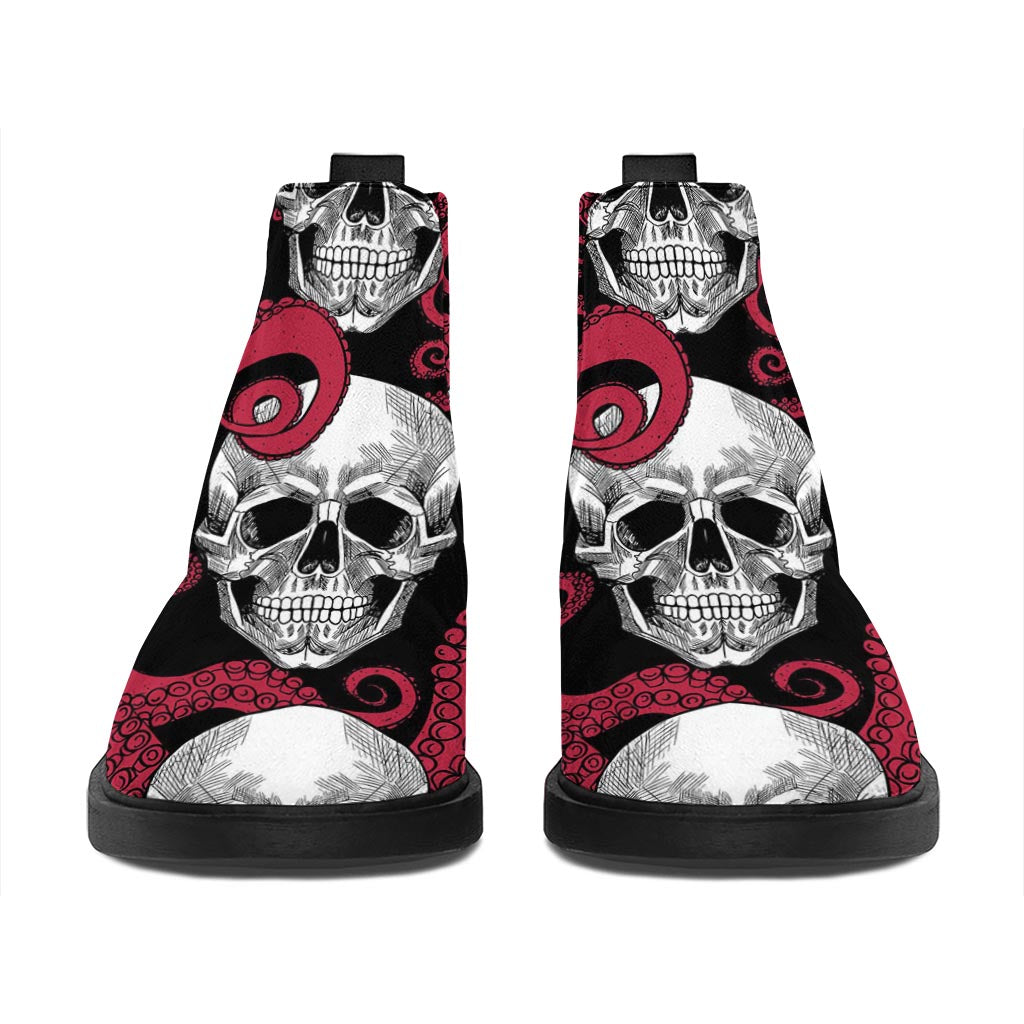 Red Octopus Skull Pattern Print Flat Ankle Boots