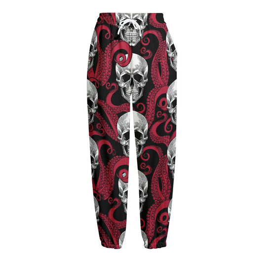 Red Octopus Skull Pattern Print Fleece Lined Knit Pants