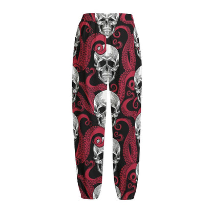 Red Octopus Skull Pattern Print Fleece Lined Knit Pants