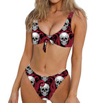Red Octopus Skull Pattern Print Front Bow Tie Bikini