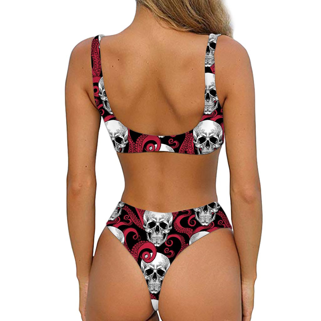 Red Octopus Skull Pattern Print Front Bow Tie Bikini