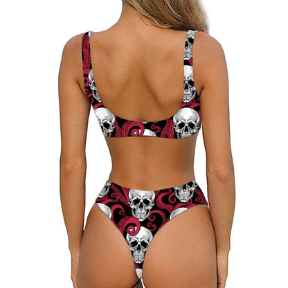 Red Octopus Skull Pattern Print Front Bow Tie Bikini