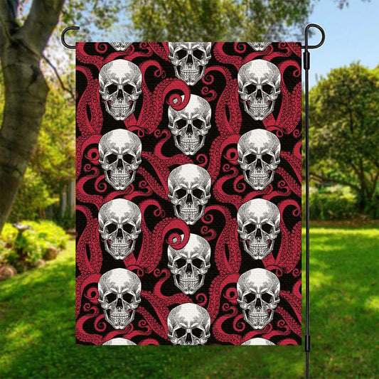 Red Octopus Skull Pattern Print Garden Flag