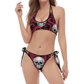 Red Octopus Skull Pattern Print Halter Scoop Tie Side Bikini