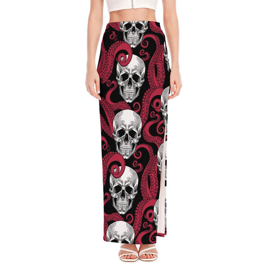 Red Octopus Skull Pattern Print High Slit Maxi Skirt