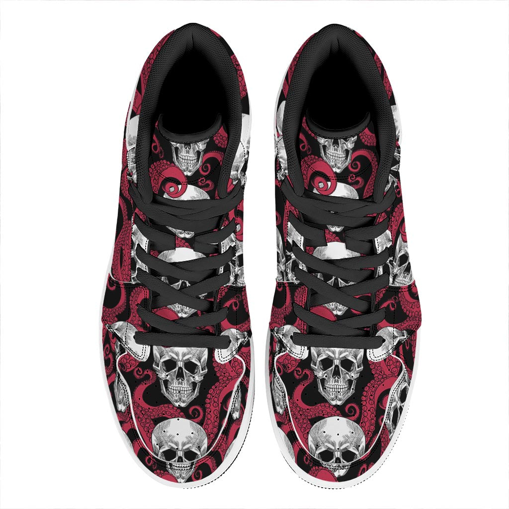Red Octopus Skull Pattern Print High Top Leather Sneakers