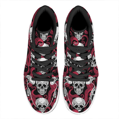 Red Octopus Skull Pattern Print High Top Leather Sneakers