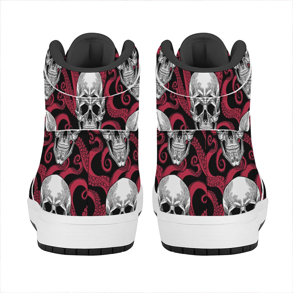 Red Octopus Skull Pattern Print High Top Leather Sneakers