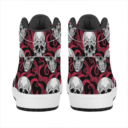 Red Octopus Skull Pattern Print High Top Leather Sneakers
