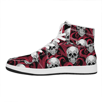 Red Octopus Skull Pattern Print High Top Leather Sneakers