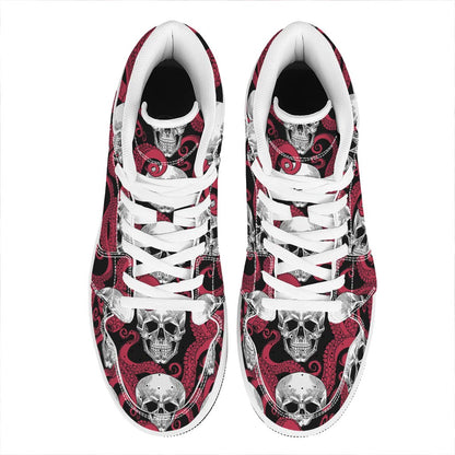 Red Octopus Skull Pattern Print High Top Leather Sneakers