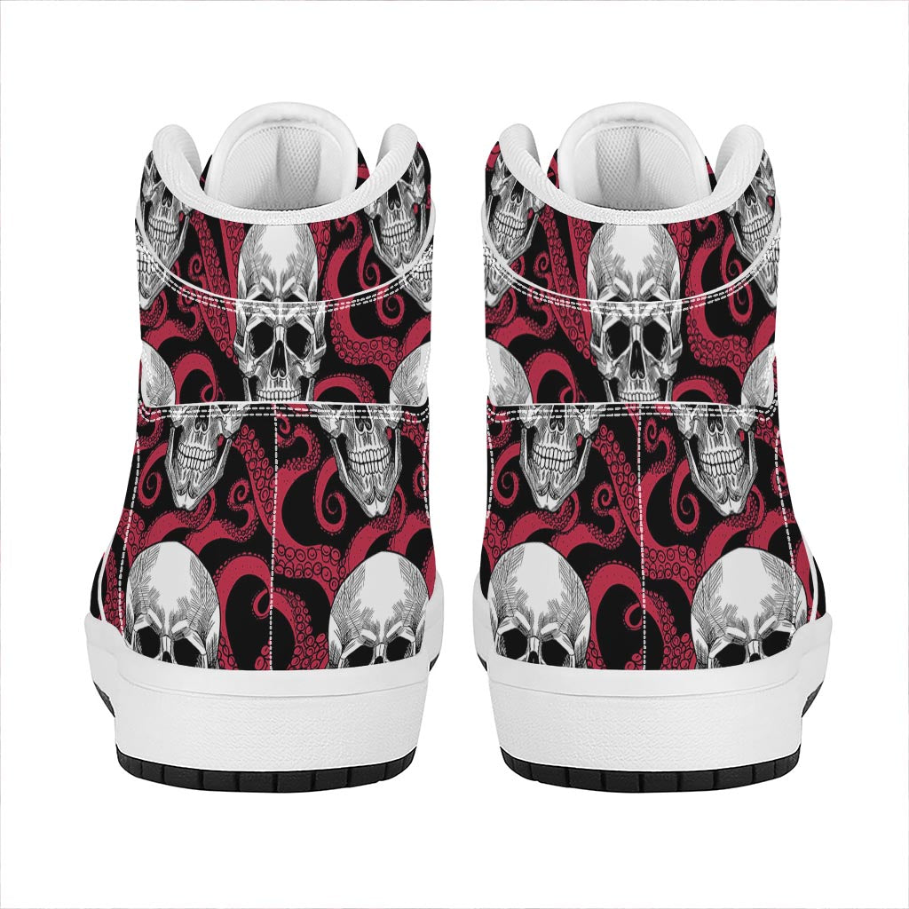 Red Octopus Skull Pattern Print High Top Leather Sneakers