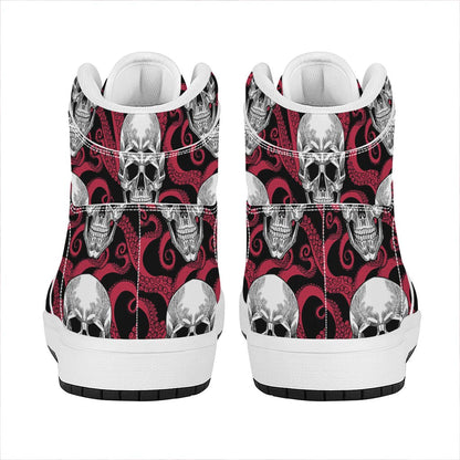 Red Octopus Skull Pattern Print High Top Leather Sneakers