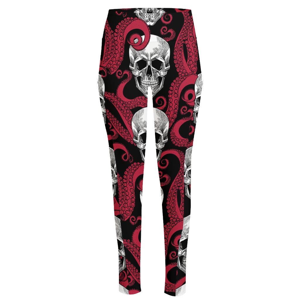 Red Octopus Skull Pattern Print High-Waisted Pocket Leggings