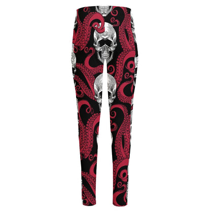 Red Octopus Skull Pattern Print High-Waisted Pocket Leggings