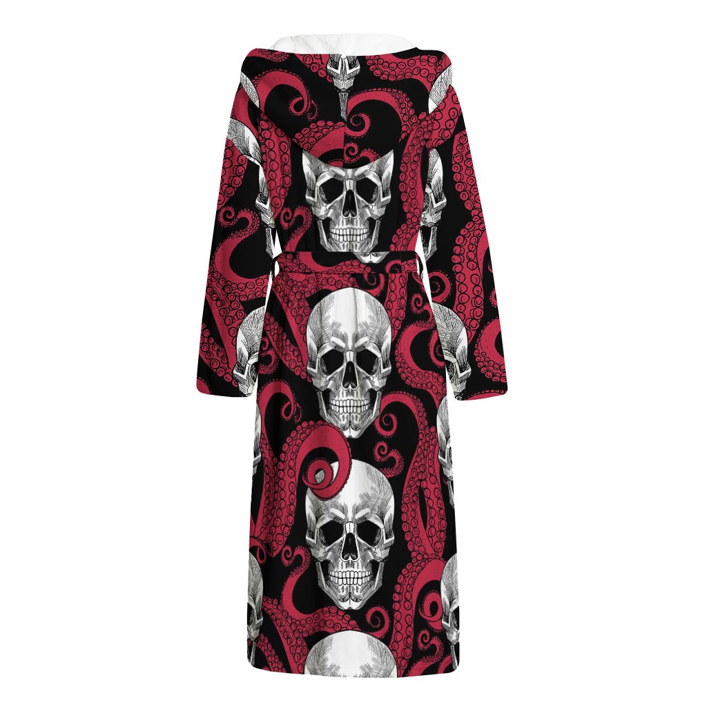 Red Octopus Skull Pattern Print Hooded Bathrobe