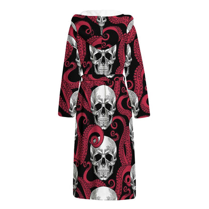 Red Octopus Skull Pattern Print Hooded Bathrobe