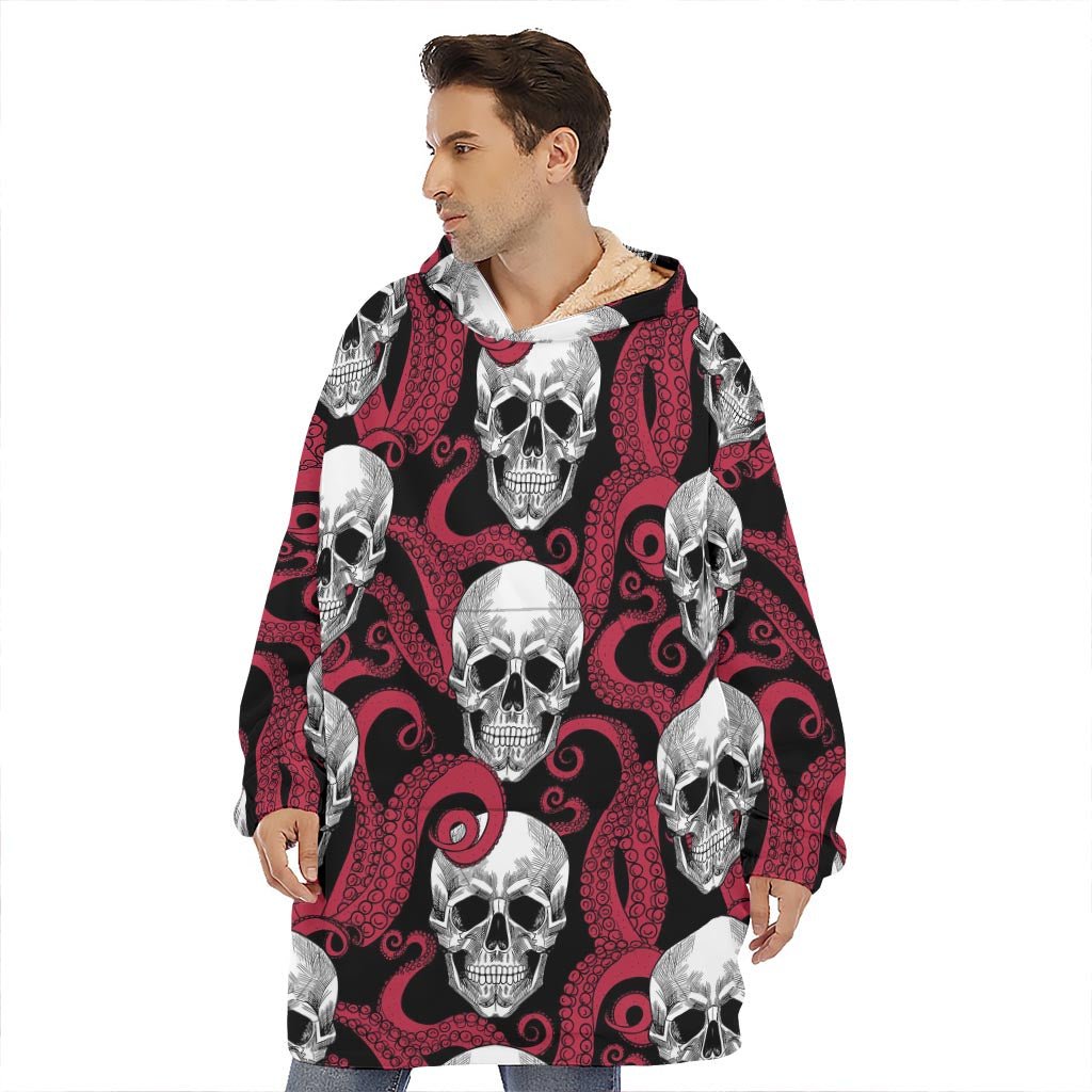 Red Octopus Skull Pattern Print Hoodie Blanket