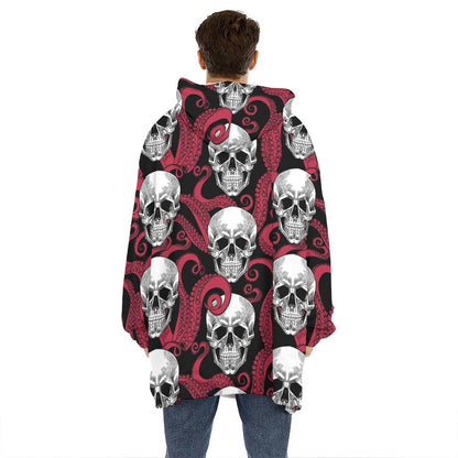 Red Octopus Skull Pattern Print Hoodie Blanket