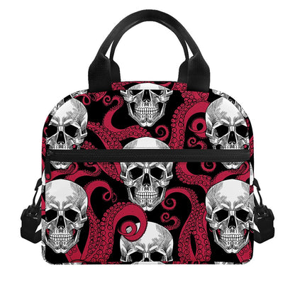 Red Octopus Skull Pattern Print Insulated Lunch Bag