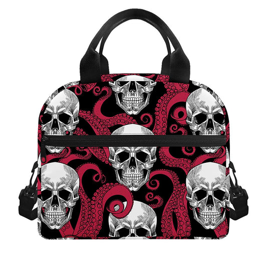 Red Octopus Skull Pattern Print Insulated Lunch Bag