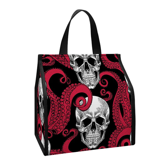 Red Octopus Skull Pattern Print Insulated Lunch Tote