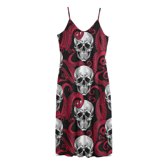Red Octopus Skull Pattern Print Jersey Midi Cami Dress