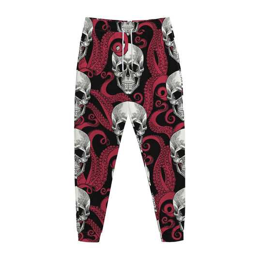 Red Octopus Skull Pattern Print Jogger Pants