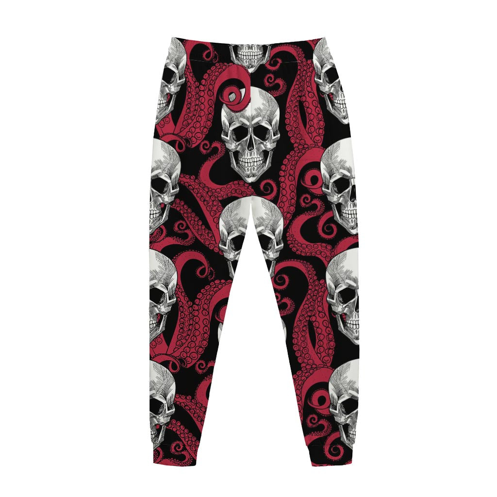 Red Octopus Skull Pattern Print Jogger Pants