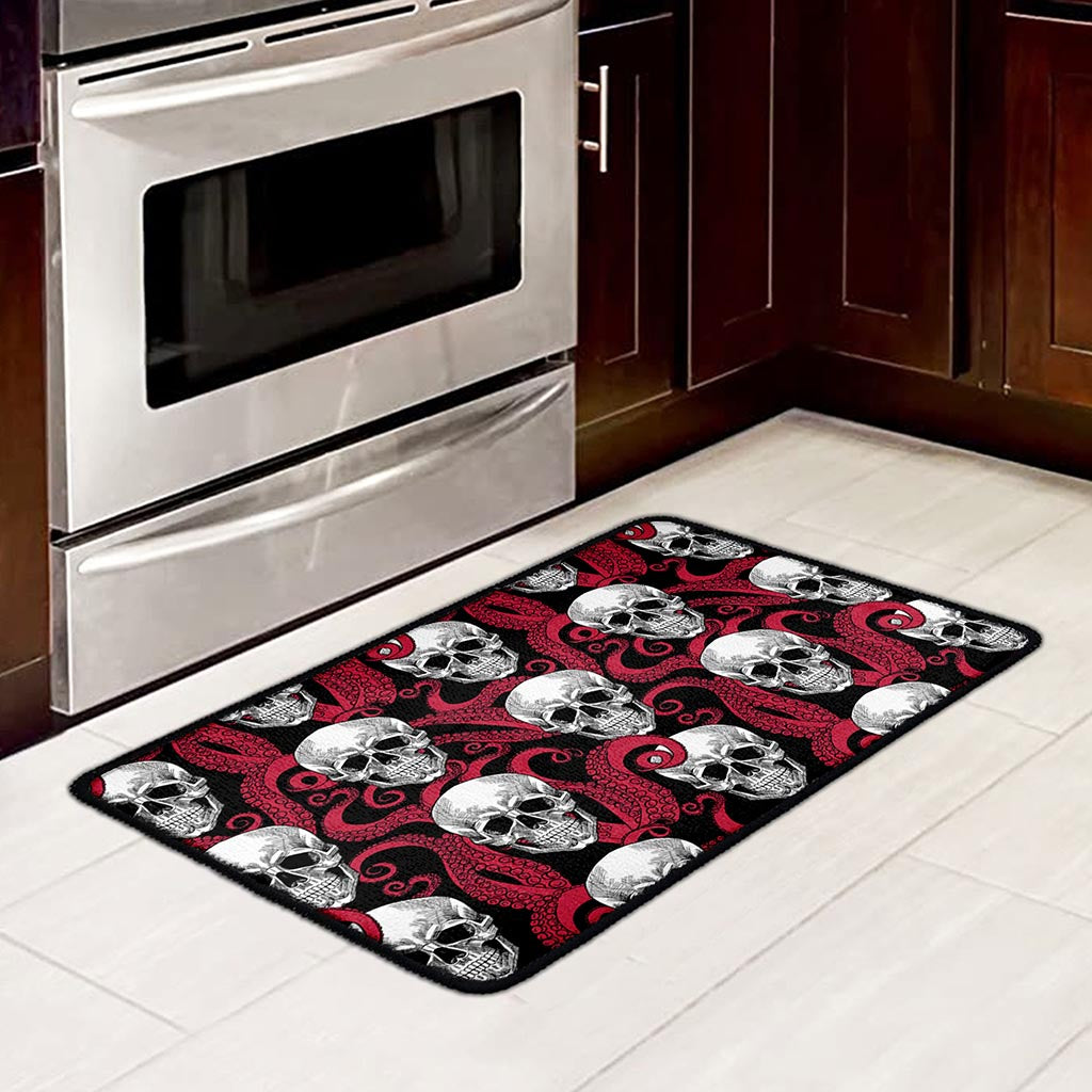 Red Octopus Skull Pattern Print Kitchen Mat