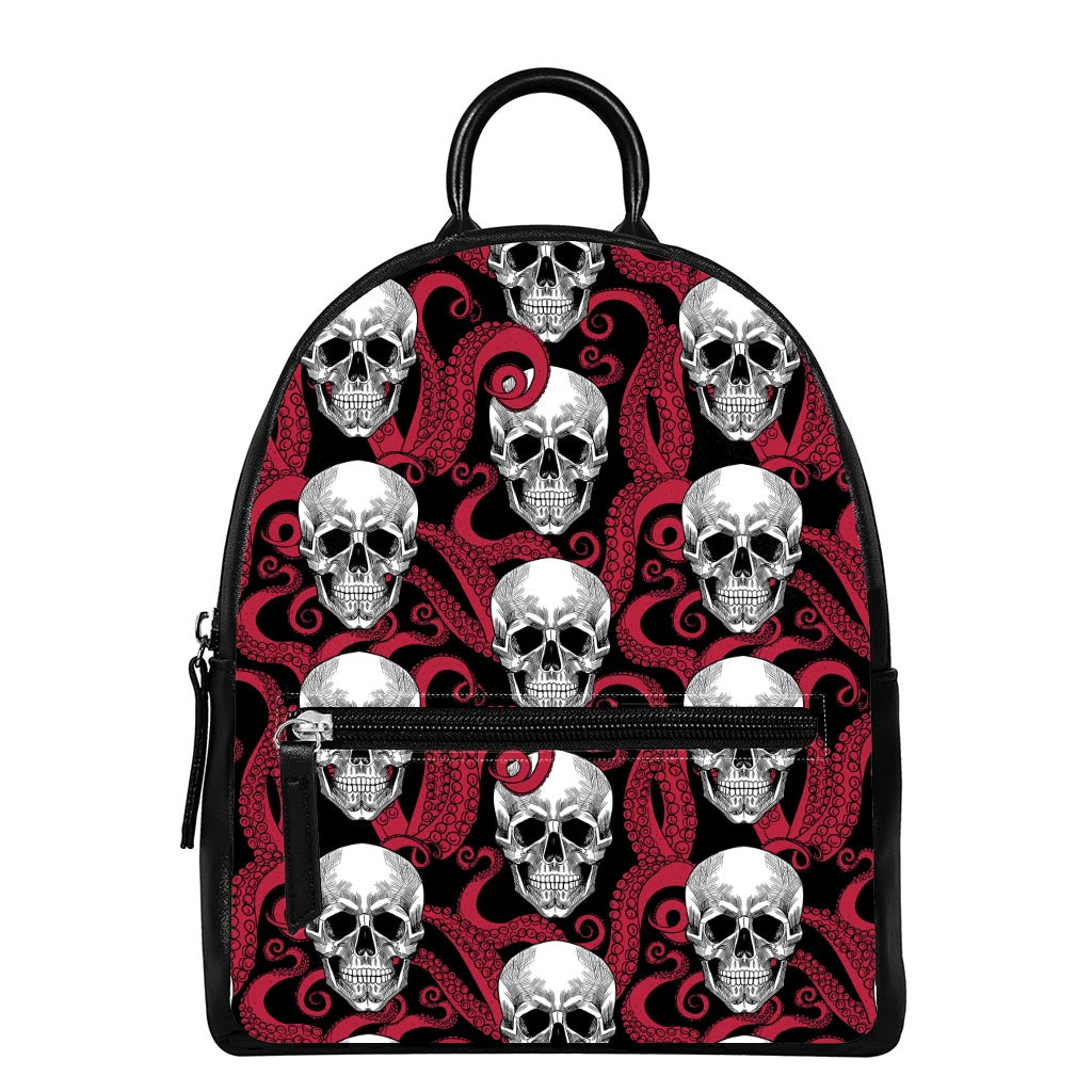 Red Octopus Skull Pattern Print Leather Backpack