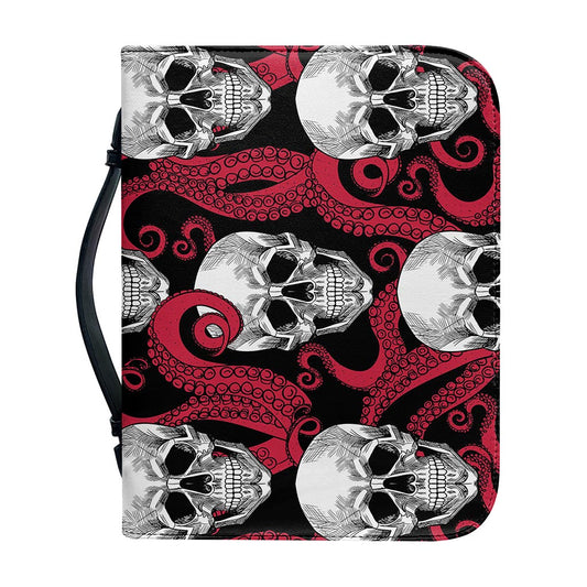 Red Octopus Skull Pattern Print Leather Bible Cover