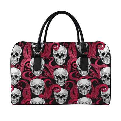 Red Octopus Skull Pattern Print Leather Duffle Bag