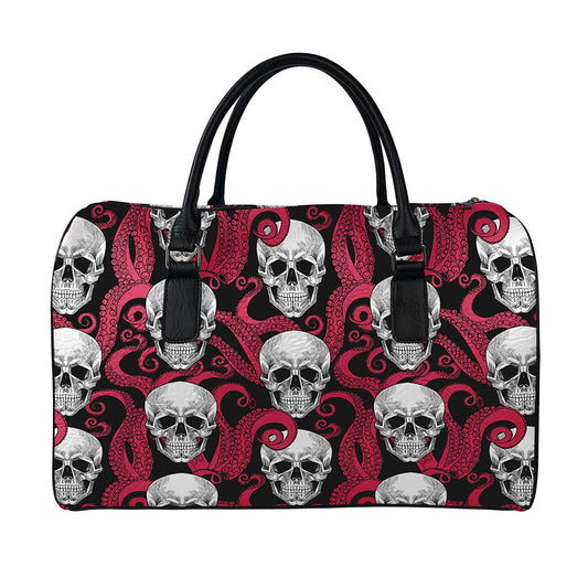 Red Octopus Skull Pattern Print Leather Duffle Bag