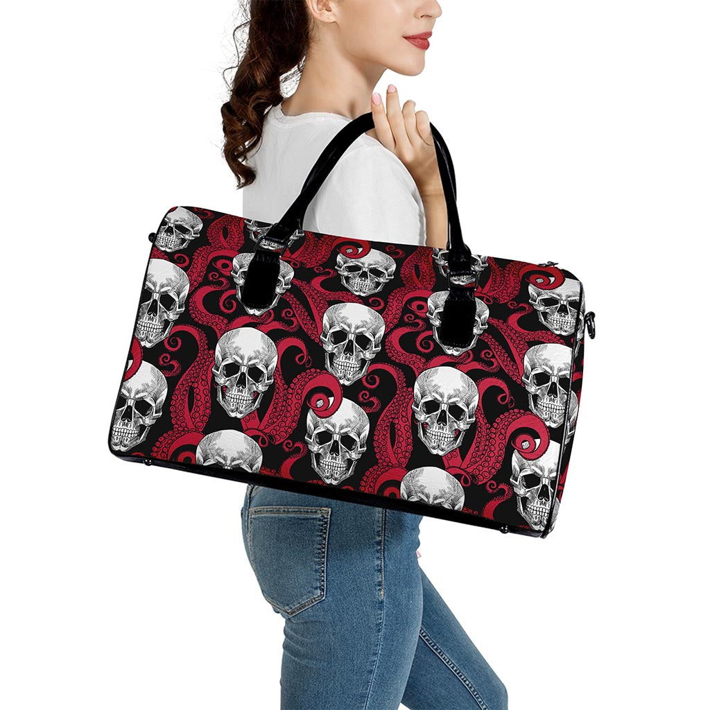 Red Octopus Skull Pattern Print Leather Duffle Bag