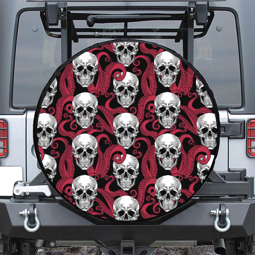 Red Octopus Skull Pattern Print Leather Spare Tire Cover