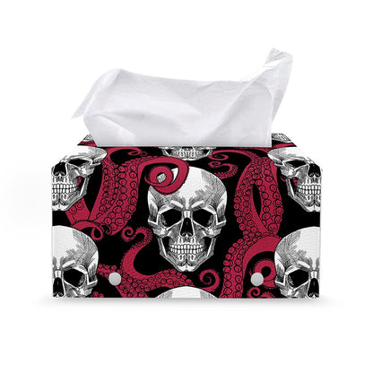 Red Octopus Skull Pattern Print Leather Tissue Box Cover