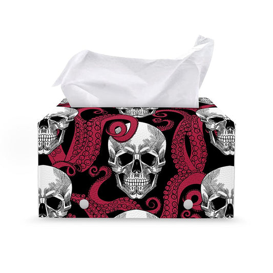 Red Octopus Skull Pattern Print Leather Tissue Box Cover