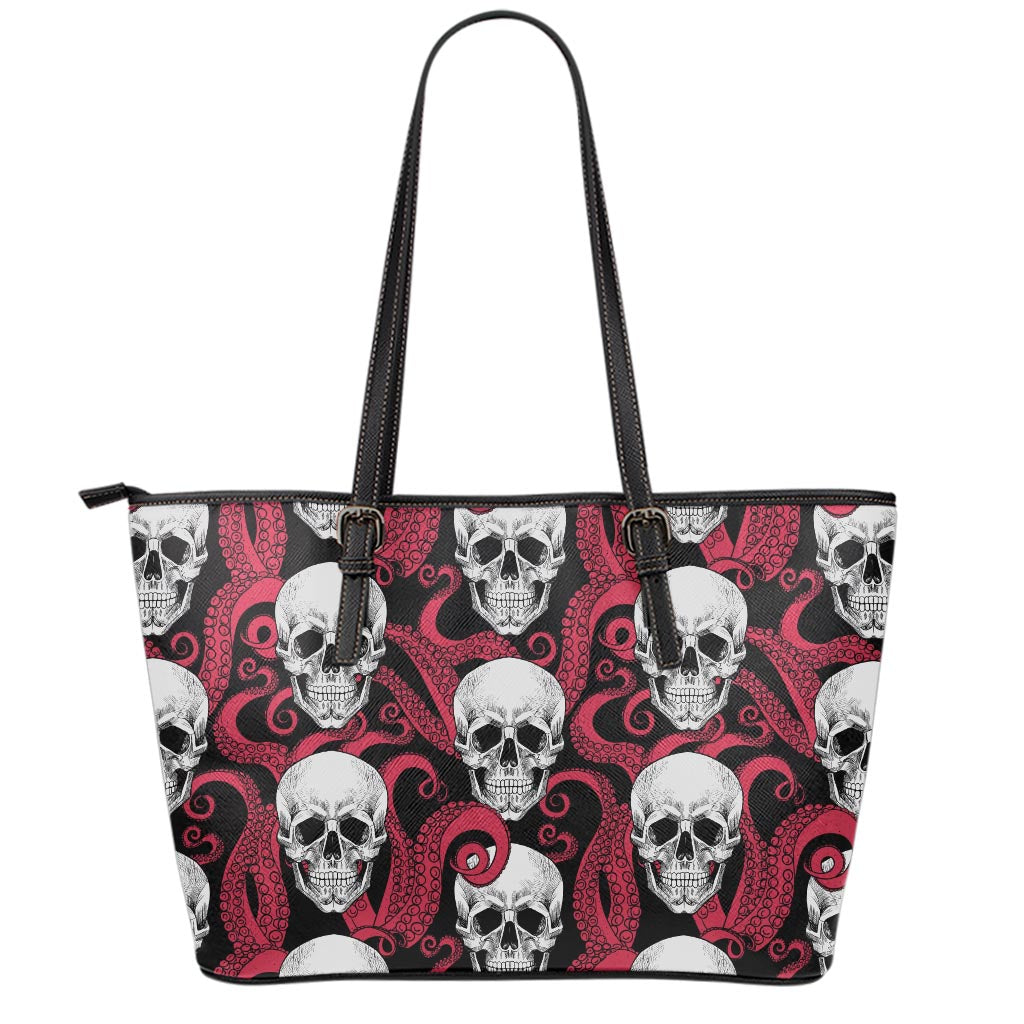 Red Octopus Skull Pattern Print Leather Tote Bag