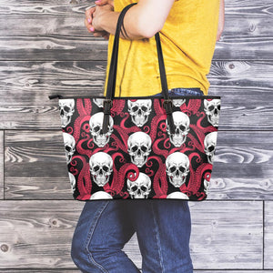 Red Octopus Skull Pattern Print Leather Tote Bag