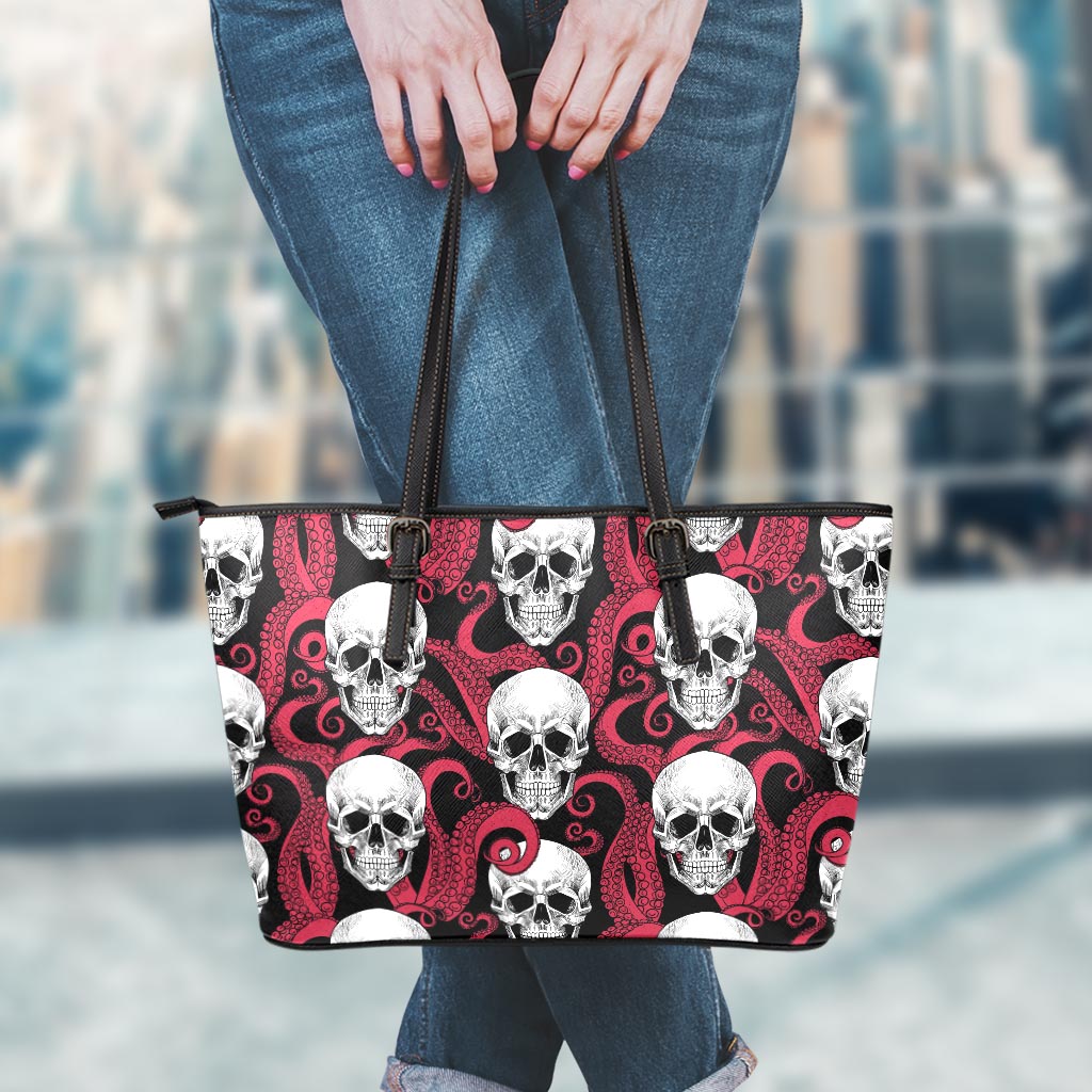 Red Octopus Skull Pattern Print Leather Tote Bag