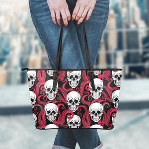 Red Octopus Skull Pattern Print Leather Tote Bag