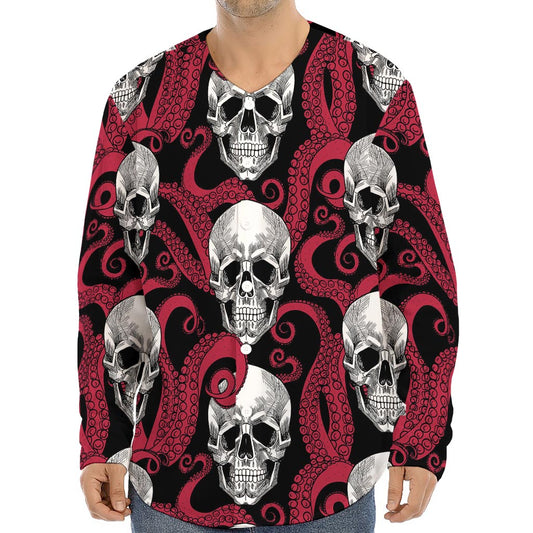 Red Octopus Skull Pattern Print Long Sleeve Baseball Jersey