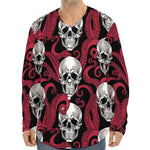 Red Octopus Skull Pattern Print Long Sleeve Baseball Jersey