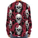 Red Octopus Skull Pattern Print Long Sleeve Baseball Jersey