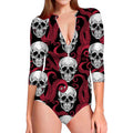 Red Octopus Skull Pattern Print Long Sleeve Swimsuit
