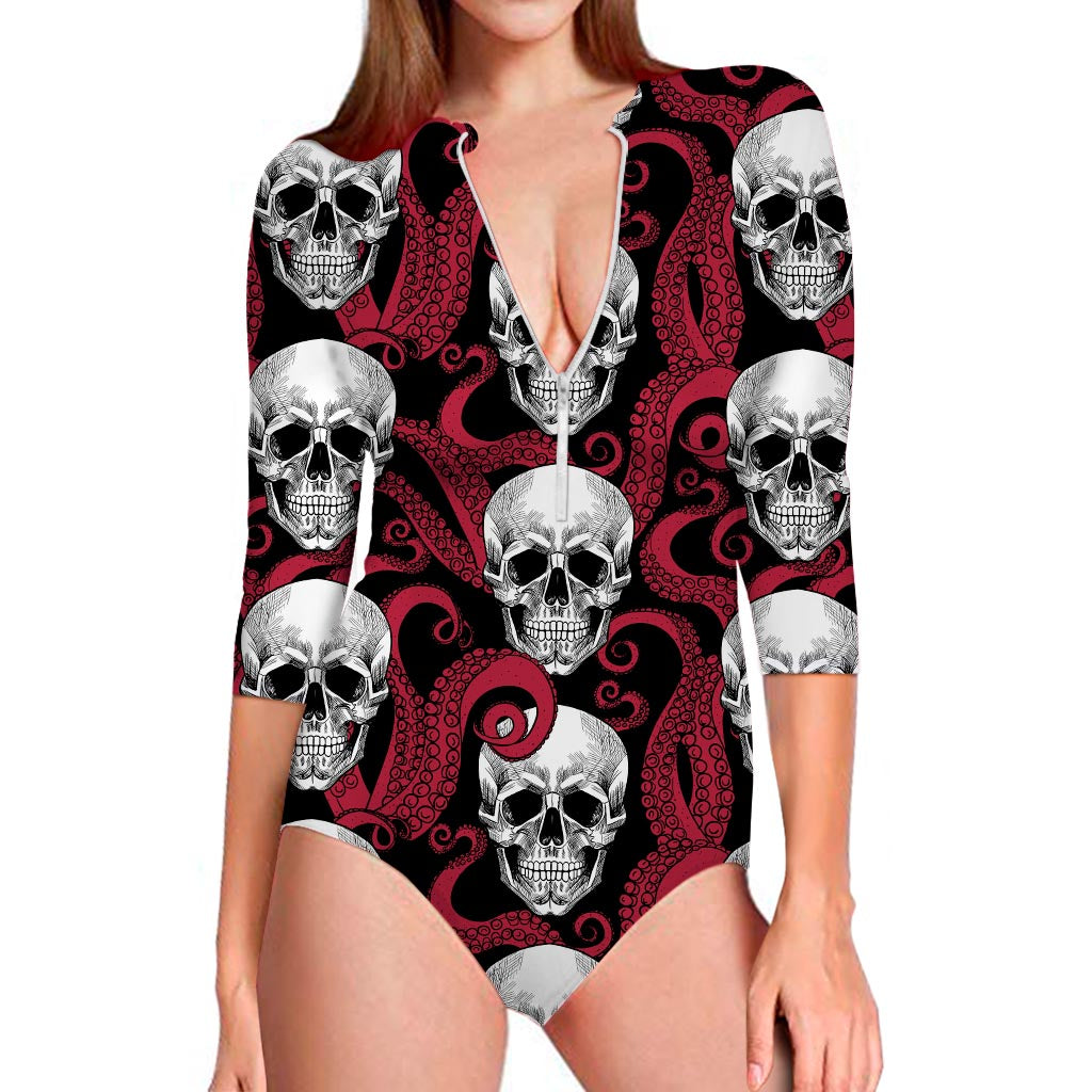Red Octopus Skull Pattern Print Long Sleeve Swimsuit