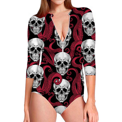 Red Octopus Skull Pattern Print Long Sleeve Swimsuit